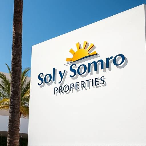 Fachada de la oficina de Sol y Sombra Propiedades en Marbella, con un letrero elegante y moderno.