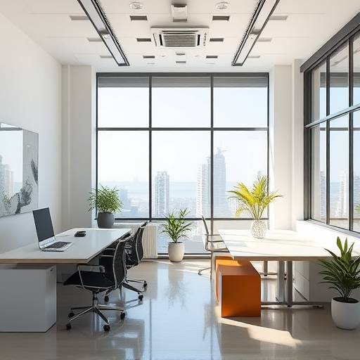 Interior de la oficina de Sol y Sombra Propiedades, mostrando un espacio de trabajo luminoso y moderno.